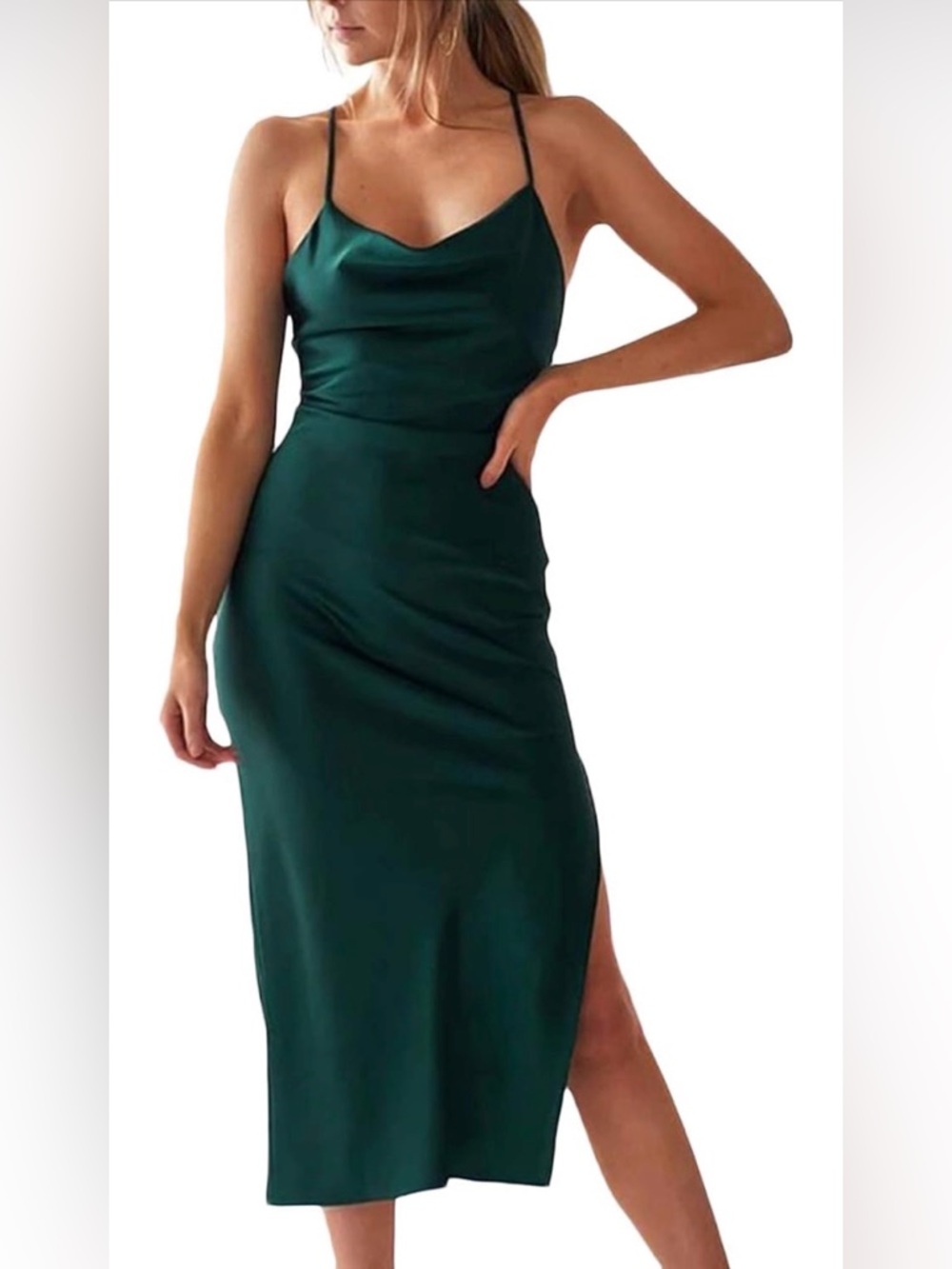 Satin Cowl Midi Dress with Side Slit in Dark Green